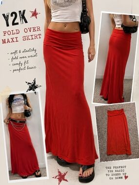 Papaya Red Fold-Over Maxi Skirt